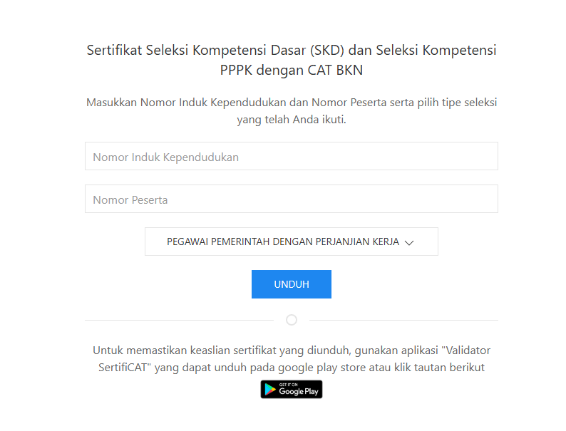 Tampilan Unduh Seritifikat PPPK dengan CAT BKN