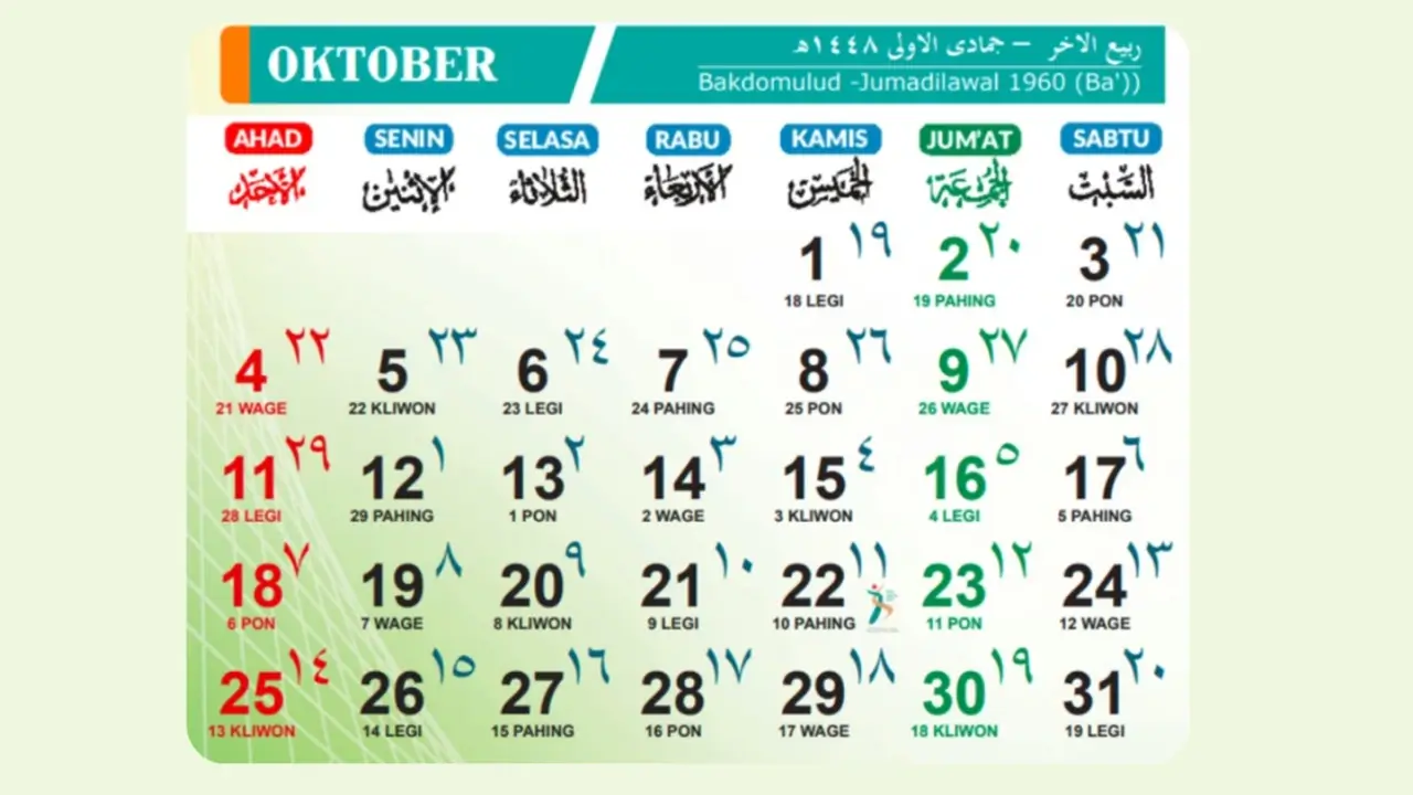 Kalender Bulan Oktober 2026