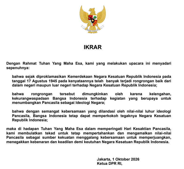 Teks Ikrar Hari Kesaktian Pancasila Resmi Kemenbud