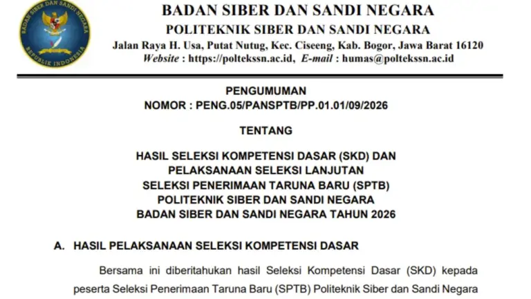 Pengumuman Hasil SKD Poltek SSN 2026 Terbit, Cek Daftar Kelulusan dan Seleksi Lanjutan