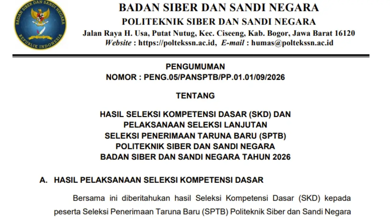Pengumuman SKD Poltek SSN 2026