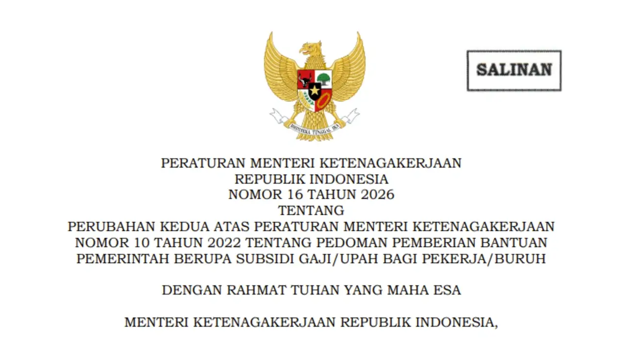 Permenaker 16 Tahun 2026 Tetapkan Syarat dan Nominal BSU 2026