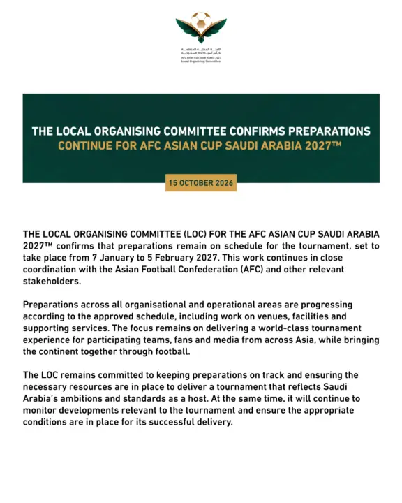The Local Organising Committee for the AFC Asian Cup Saudi Arabia 2027 confirms the continuation of preparations for the tournament